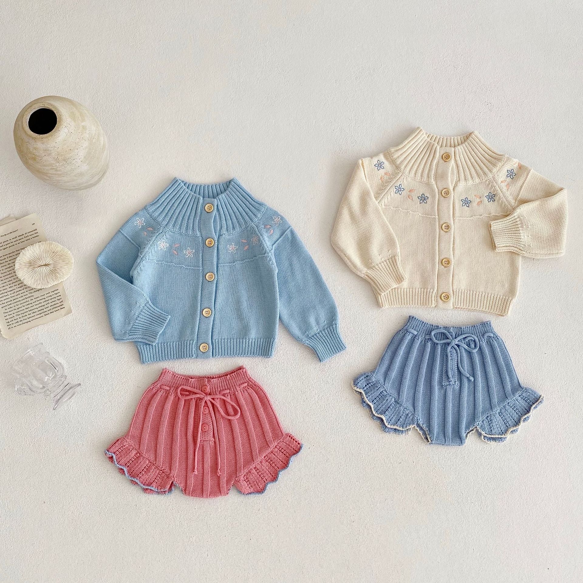 Flower and Frill Knitted Sweater and Short Set for baby girl