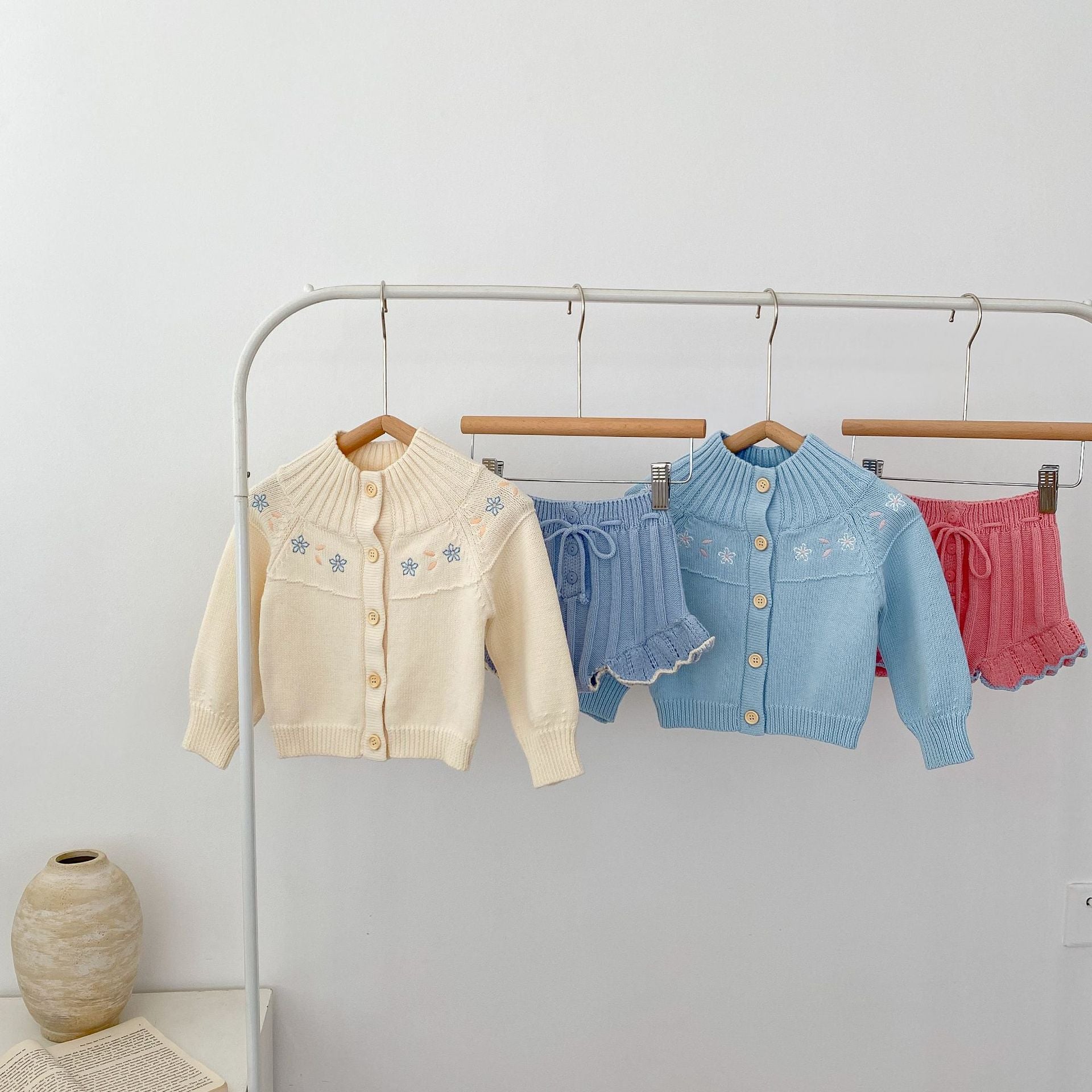Flower and Frill Knitted Sweater and Short Set for baby girl