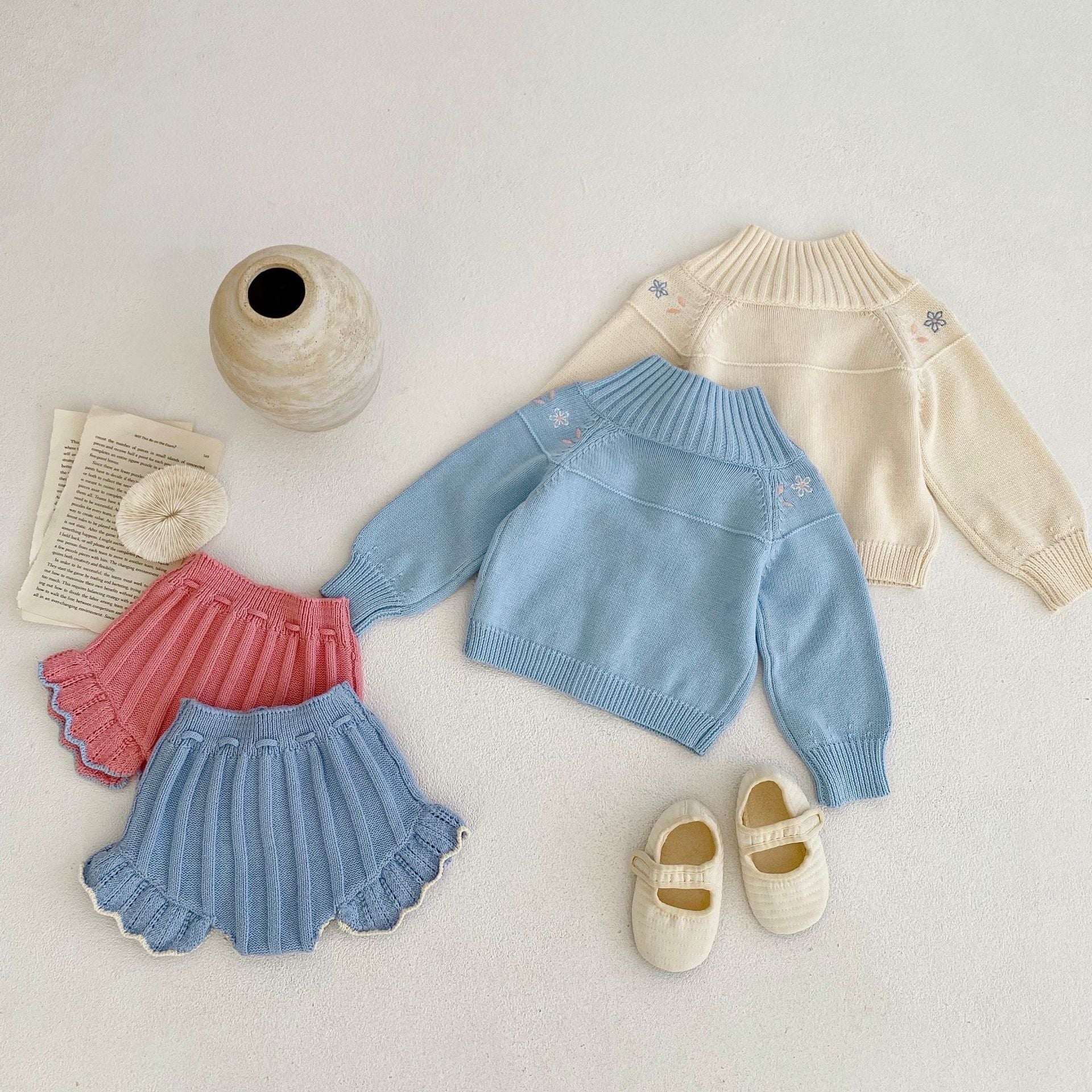 Flower and Frill Knitted Sweater and Short Set for baby girl