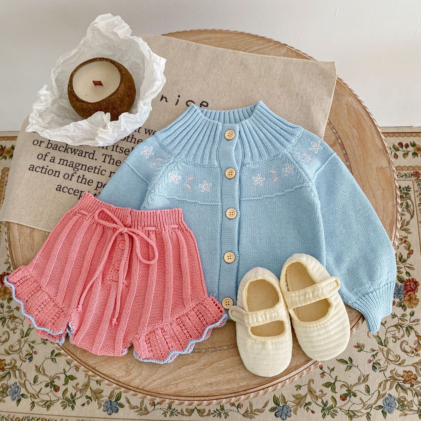 Flower and Frill Knitted Sweater and Short Set for baby girl