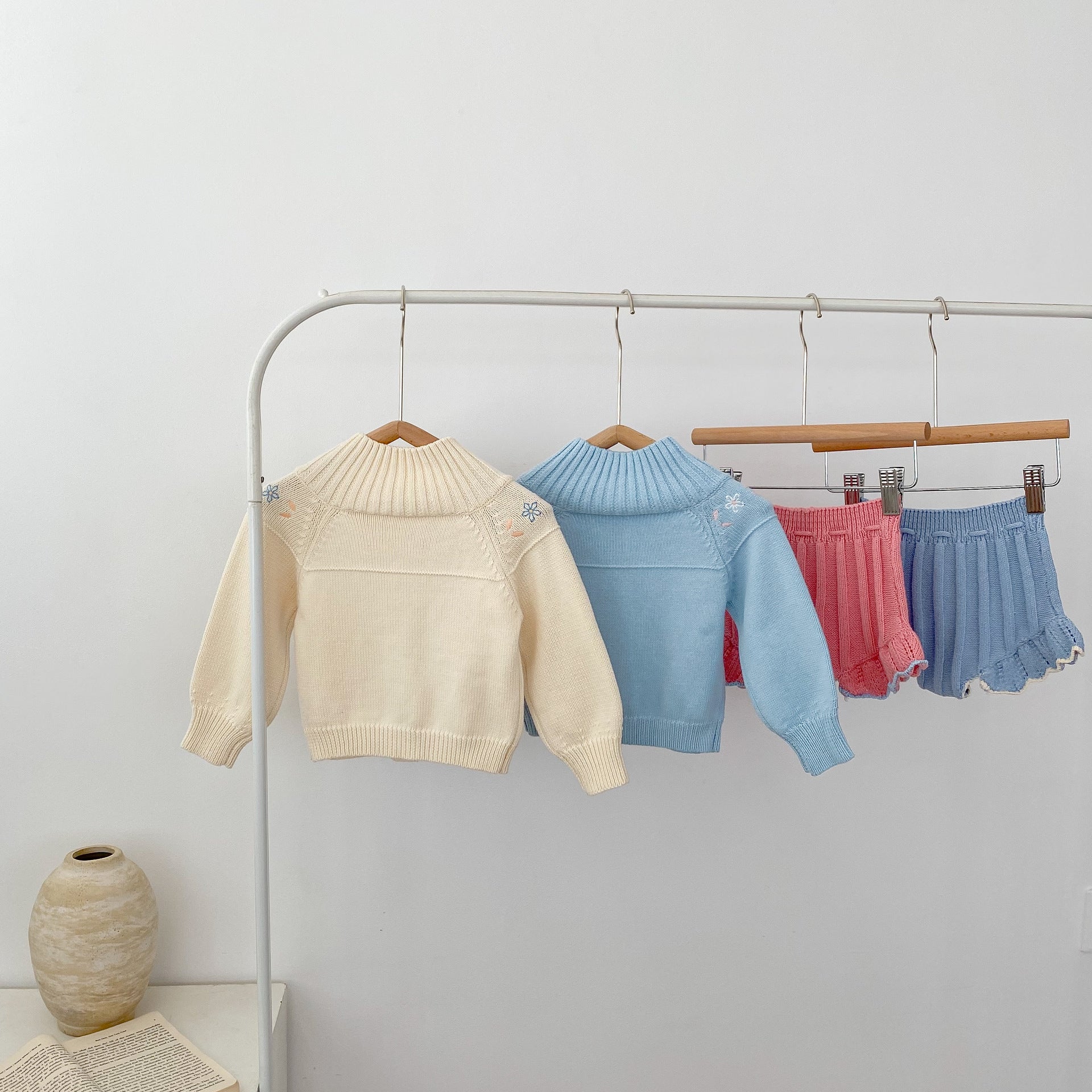 Flower and Frill Knitted Sweater and Short Set for baby girl