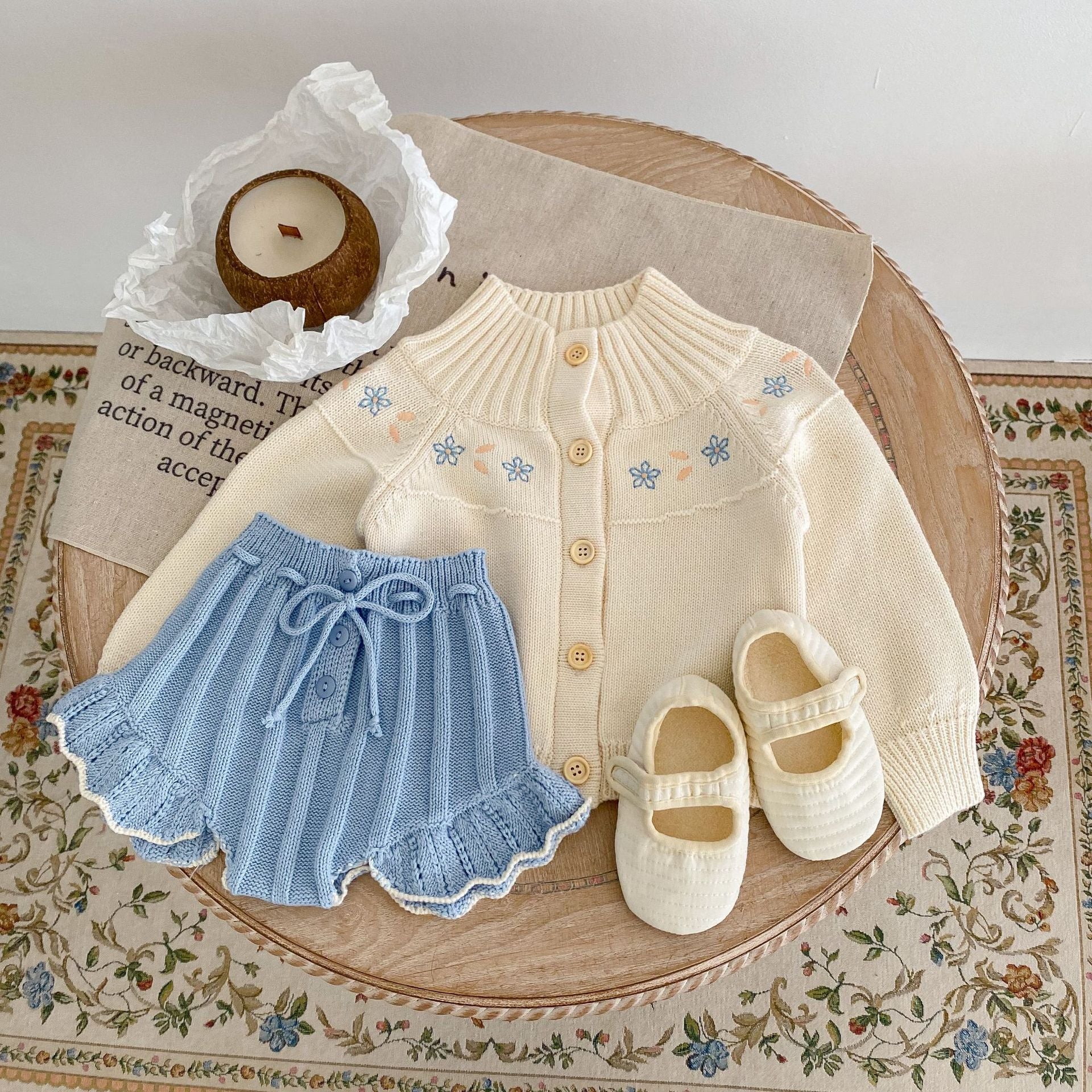 Flower and Frill Knitted Sweater and Short Set for baby girl