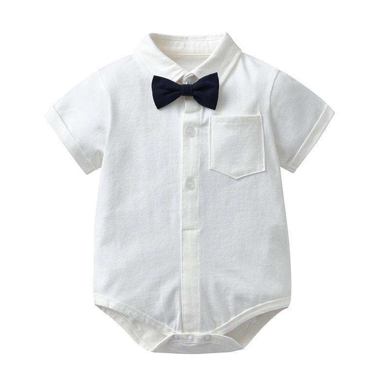 White Baby Onesie with Navy Blue Bow Tie