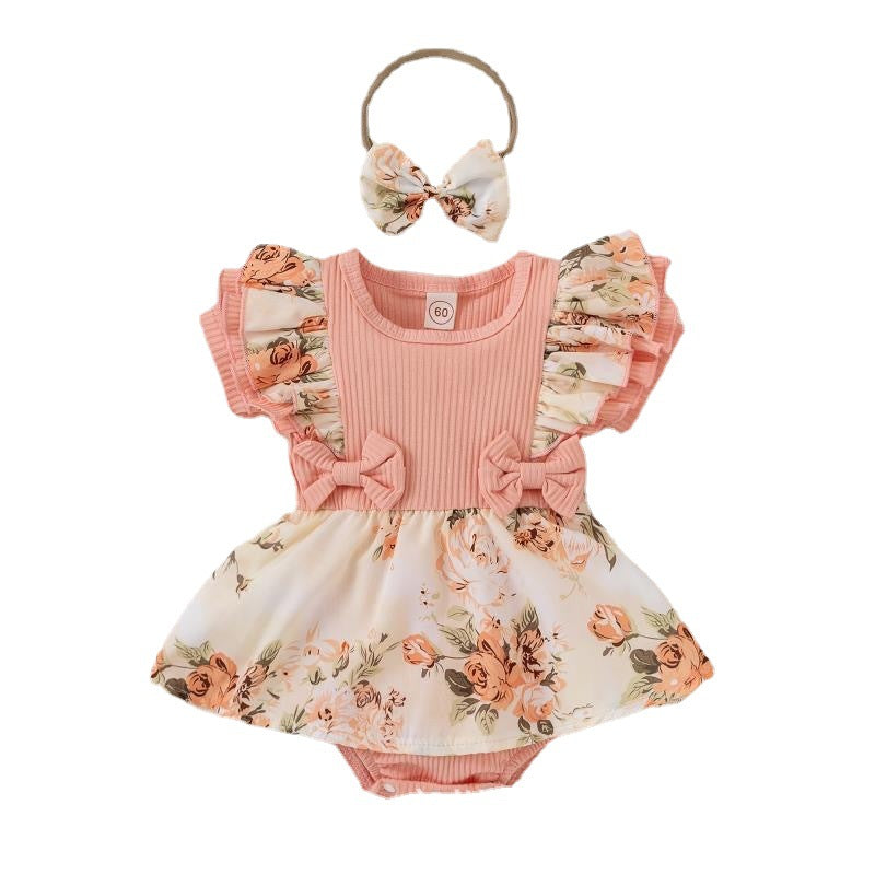 Short fly sleeve floral printed riffle romper with headband