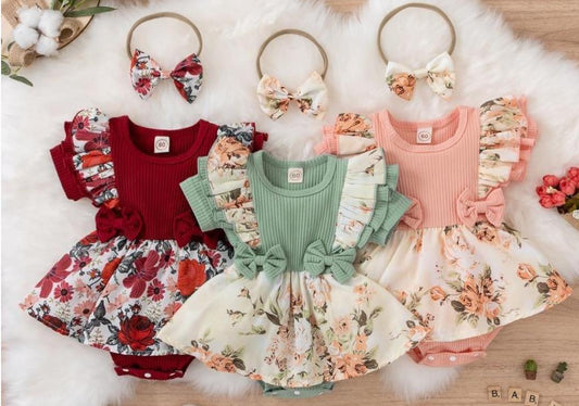 Short fly sleeve floral printed riffle romper with headband Buy Online