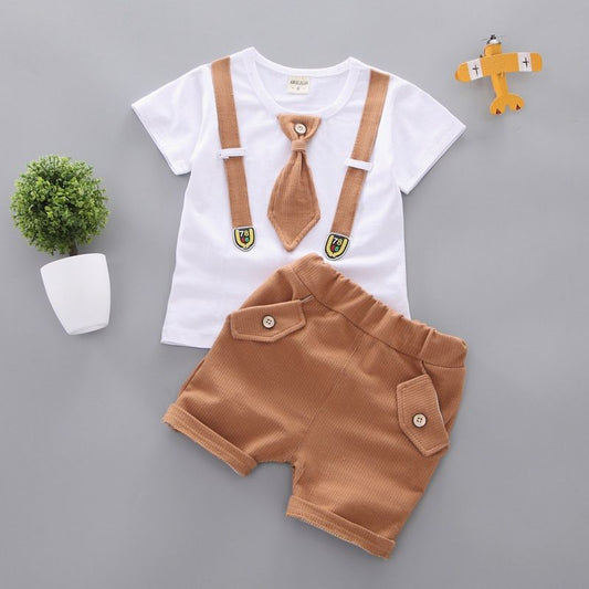 White T-Shirt with Brown Suspenders and Tie Design and Brown Shorts Set