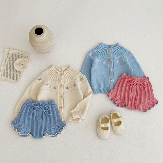 Flower and Frill Knitted Sweater and Short Set for baby girl