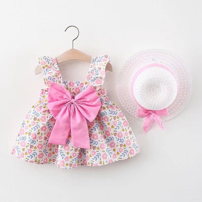 Printed dress with matching hat for baby girl