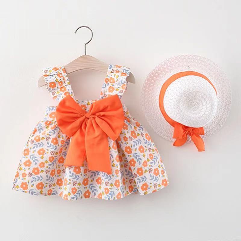 orange printed dress with matching hat buy online for girl
